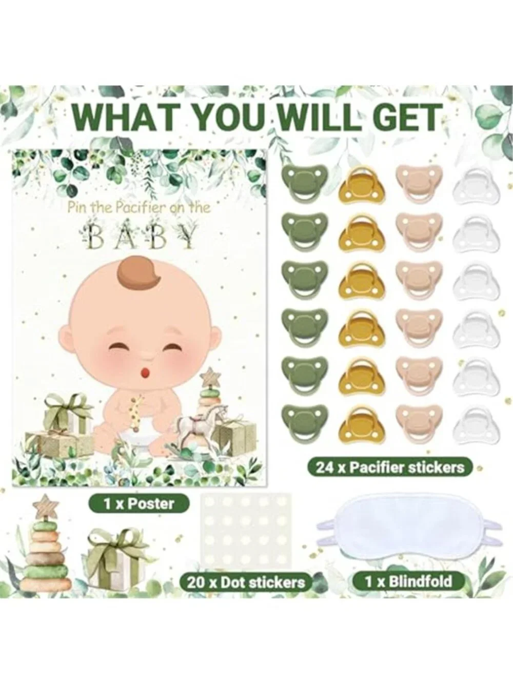 Pin The Pacifier Baby Shower Game Sage Green Poster Stickers Blindfold Set